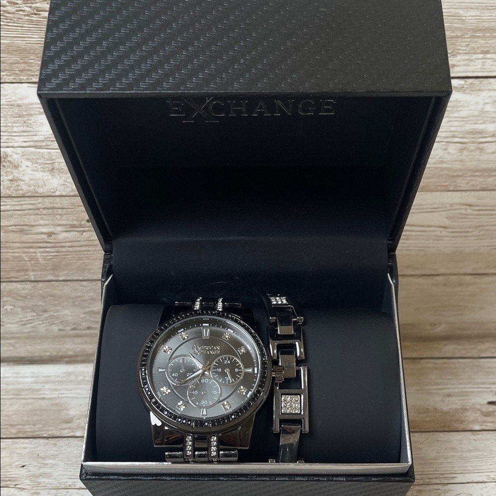 American Exchange Mens Crystal Bracelet Watch 46mm‎ Gift Set Black NWT